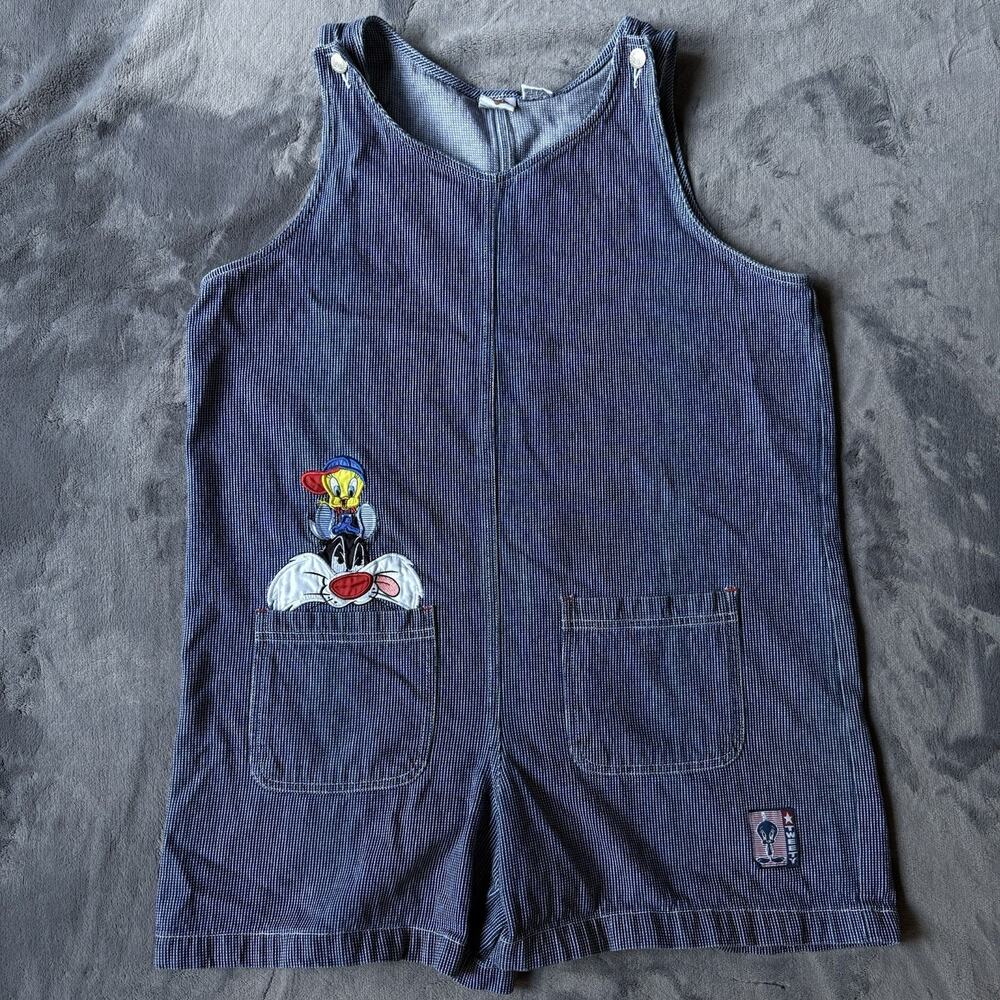 Vintage Looney Tunes Tweety Sylvester Romper Shorts Blue Pinstripe Womens L